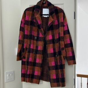 Anthropologie Pink and Brown Plaid Pea Coat